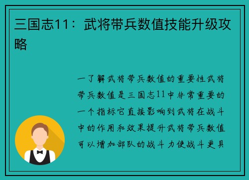 三国志11:武将带兵数值技能升级攻略