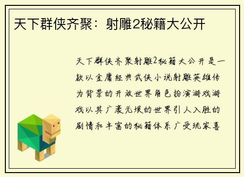 天下群侠齐聚:射雕2秘籍大公开